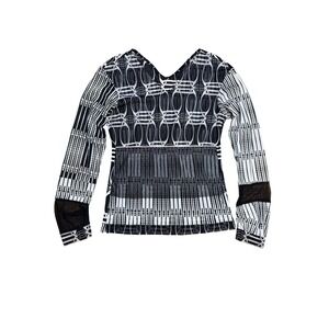ANAC Mesh Top Women XL Black White Geometric V-Neck Long Sleeve Y2K Artsy Korean